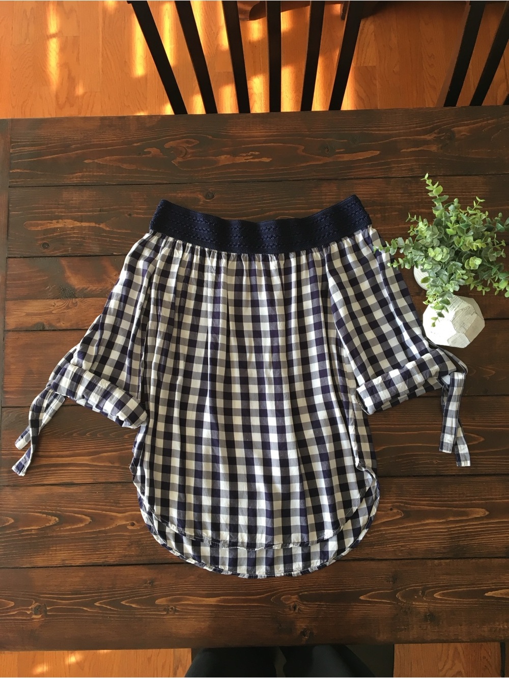 love, Fire Navy and White Gingham Off-Shoulder Blouse